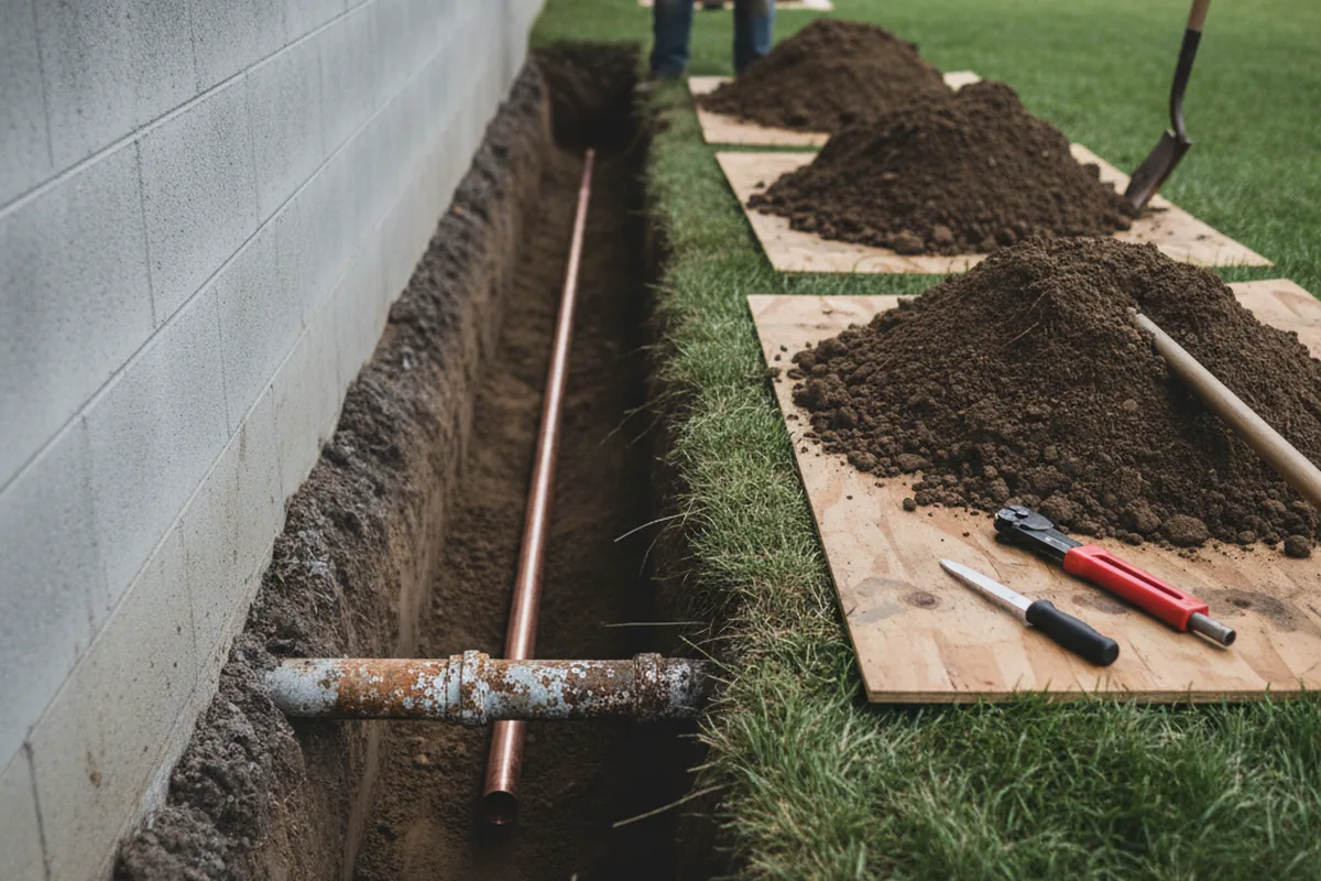 Excavated water line trench during Water Softener Installation in Harrisonville